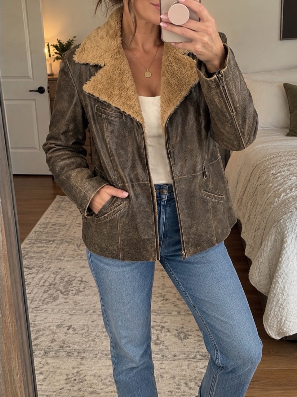 Outbrook Vintage Y2K Brown Genuine Leather Jacket M Faux Fur Moto Aviator